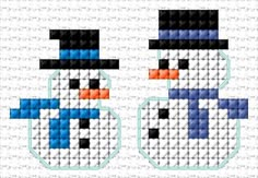 two snowmen with hats and scarfs on their heads, each made from different colored blocks