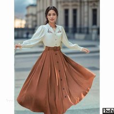 Fisdy - New Han Essence Vintage Embroidered Long Sleeve Dress Skirt Long Sleeve Embroidered Dress, Floral Print Midi Skirt, Half Skirt, A Wedding Dress, Elegant Skirt, Printed Midi Skirt, Modest Fashion Outfits, Sister In Law, Fashion Quotes