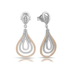 Discover Belle Étoile's Onda, an homage to the beauty of nature in the flowing patterns of rippling waves frozen in time. These chic earrings feature rose gold plating with a dramatic dangling style to brighten your day or light up your night. Silver: White stones pave-set into rhodium-plated and rhodium-plated, nickel allergy-free, 925 sterling silver. Silver & Rose Gold: White stones pave-set into 18K rose gold-plated and rhodium-plated, nickel allergy-free, 925 sterling silver.VE-15017-01 Timeless Rose Gold Earrings With Polished Finish, Elegant Rose Gold Earrings With Polished Finish, Luxury Rose Gold Teardrop Earrings, Modern Rose Gold Earrings For Evening, Modern Rose Gold Evening Earrings, Elegant Rose Gold Drop Earrings, Pierced Drop Earrings In Rose Gold, Rose Gold Drop Earrings Pierced, Rose Gold Pierced Drop Earrings