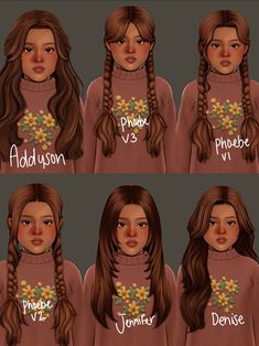 four different hairs styles for females with long hair and flowers on their chest, one is brown