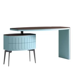 a desk with a blue cabinet underneath it and a wooden table top on the other side