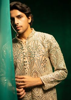 Silver Zari Mirrorwork Kurta with Potli Buttons Chanderi Bandhgala With Mirror Work And Long Sleeves, Long Sleeve Chanderi Bandhgala With Mirror Work, Long Sleeve Bandhgala With Mirror Work For Diwali, Navratri Long Sleeve Sherwani With Mirror Work, Long Sleeve Sherwani With Mirror Work For Navratri, Traditional Kurta With Mirror Work For Diwali, Traditional Draped Kurta With Mirror Work For Diwali, Eid Chanderi Bandhgala With Mirror Work, Festive Bandhgala With Gota Work In Straight Kurta Style