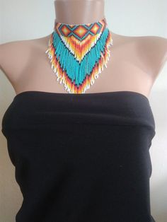 "Fringe choker Made of quality Czech beads and neylon thread. Measurements: Length: 12 inch/31 cm. + 4 inch/ 10 cm. chainlet Total height - 5.9inch/ 15cm fringe height - 5\"/13сm * Real colors may slightly differ from one monitor to another, as it depends on specific monitor settings. About shipping: the item will be carefully packed in a gift box and shipped via air mail within 3-5 business days of purchase. * If you have any questions, please contact me! *Back to my shop https://www.etsy.com/s Choker Necklace Beads, Powwow Beadwork, Choker Patterns, Beaded Necklace Tutorial, Native American Beadwork Patterns, Seed Bead Jewelry Patterns, Seed Bead Choker, Bead Choker Necklace, Turquoise Choker