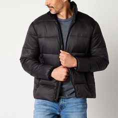 This St. John's Bay men's adaptive puffer jacket has all the features you need to stay warm in style during the cooler months, including adaptive specific details to help with easier dressing. It's made from a water and wind-resistant woven fabric with midweight fill and has a mock neck, side zip pockets, a full-zip front, and hook-and-loop tape fasteners at the back for easy on and off. Style it with a sweater and jeans. Features: Adaptive, Water Resistant, Wind ResistantClosure Type: Zipper, H Insulated Midweight Nylon Puffer Jacket, Men’s Black Puffer Jacket, Outdoor Down Puffer Jacket With Double-lined Hood, Outdoor Puffer Jacket With Double-lined Hood, Sweater And Jeans, Nylon Puffer Jacket With Double-lined Hood For Cold Weather, Hook And Loop Tape, Sweaters And Jeans, Puffer Jacket