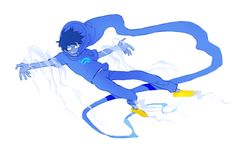 a drawing of a person in blue with yellow shoes and an arm extended, on a white background