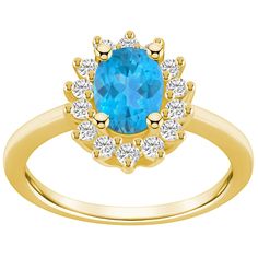 Featuring an oval-cut blue topaz center stone wrapped in a crown of shimmering diamonds, this 14k gold Alyson Layne ring is a colorful accent to your look. Featuring an oval-cut blue topaz center stone wrapped in a crown of shimmering diamonds, this 14k gold Alyson Layne ring is a colorful accent to your look.  Metal: 14k gold Packaging: boxed Width: 7/16 in. Finish: polishedSTONE DETAILS Stone type: blue topaz Total weight: 2 ct. Center stone weight: 1 5/8 ct. Center stone size: 8 mm x 6 mm Sha Gold Packaging, Oval Setting, Diamond Halo Ring, Stone Wrapping, Halo Diamond Ring, 3 Carat, Halo Ring, Diamond Halo, Halo Rings