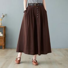 "★★FEATURES Cotton linen blend Button front skirt(the button can't be opened) Back elastic waistband Two side pockets Pleated skirt Regular fit A Line skirt Gathered skirt Perfect for Summer, Spring, Autumn Fabric swatch https://etsy.me/3lRLcF4 ★★ Models's button up shirts click https://etsy.me/3yczTe8 ★★ Model Size Height approx 162 cm (5′ 4″) Bust 84 cm (33\") Waist 66 cm (26\") She wears size XS. ★★ Please select custom order according to the follow situation Your height is not between 5'1\" Maxi Linen Skirt, Clothes Capsule Wardrobe, Long Linen Pants, Long Linen Skirt, Long Flowy Skirt, Autumn Outwear, Skirt A Line, Skirt High Waist, Pleated Maxi Skirt