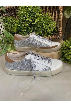 Shu Shop Paula Silver Shoes Shu Shop 6 Silver Sparkle Sequin Joggers, Hype Shoes, White Star, Plus Size Shopping, White Glitter, Shoes Leather, Silver Sequin, Handbag Shoes, Vans Authentic Sneaker