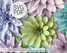 large paper dahlia flowers in shades of blue, purple and green with the words svg df