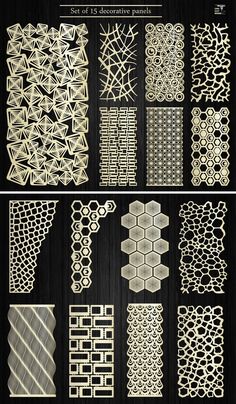 an assortment of laser cut designs and patterns for the design project, including geometric shapes