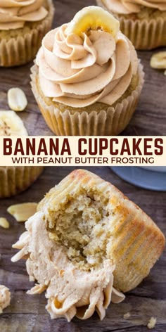 banana cupcakes with peanut butter frosting are on a wooden table and one is cut in half