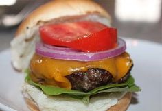 a cheeseburger with onions, tomato and lettuce on a white plate