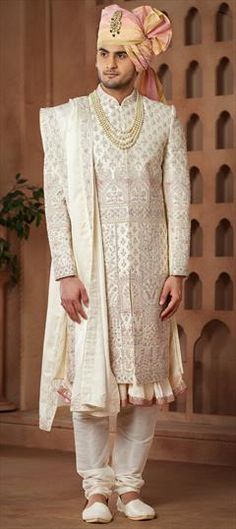 White and Off White color Sherwani in Art Silk fabric with Bugle Beads, Embroidered, Sequence work White Churidar With Intricate Embroidery For Ceremonial Occasions, Off White Churidar With Cutdana For Wedding, Traditional White Churidar For Reception, White Anarkali Sherwani For Reception, Cream Anarkali Sherwani For Wedding, Anarkali Style Cream Sherwani For Wedding, White Bandhgala With Cutdana For Wedding, White Cutdana Bandhgala For Wedding, White Wedding Bandhgala With Cutdana