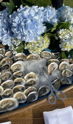 a table topped with lots of oysters next to blue hydrangeas and white flowers