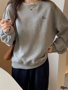 Bjux - Stylish Letter Pattern Pullover Sweatshirt: Elegant Long Sleeve Crew Neck Sweater for Autumn & Winter, Womens Fashion Winter Womens Fashion, Stylish Letters, Custom Made Clothing, Letter Patterns, Casual Sweatshirt, Pullover Sweatshirt, Crew Neck Sweater, Collar Styles, Light Grey