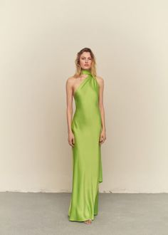 Asymmetrical bow neck dress - Women | Mango USA Italian Wedding Guest Outfit Dresses, Tropical Elegant Dress, Green Maxi Dresses, High Neck Wedding Guest Dress, Formal Tropical Dress, Mango Dress Outfit, Tropical Formal Wedding Attire, Tropical Wedding Attire, Summer Wedding Outfit