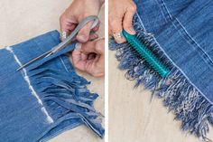 two pictures showing how to sew jeans with the help of a pair of scissors