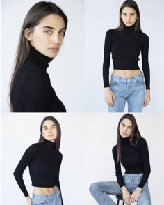 four photos of a woman in black top and jeans with her hands on her hips