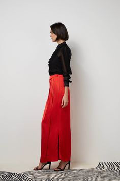 Merge classic with trendy in this Chinese red satin wrap skirt with front pleats and a feminine side slit. Use it as a pop or in a head-to-toe outfit headed for special holiday outings. Satin Wrap Skirt, Wrap Maxi Skirt, Winter Skirt, Satin Maxi, Stretch Satin, Red Satin, Fall Collections, Holiday Specials, Wrap Skirt