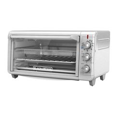 a toaster oven with the door open on a white background and no one in it