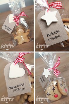 four pictures of cookies wrapped in cellophane and tied with ribbon