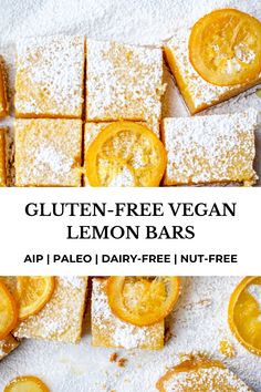 gluten - free vegan lemon bars with powdered sugar and orange slices