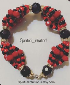 "Handmade Elegua Inspired Bracelet made with high quality glass beads. Elegua is the most important of the orishas in santeria. He is the key to any of our religious practices, for without Elegua's blessings nothing can proceed. Colors: Red and Black Number: 3 Item made to order. Will measure approximately 7.5\" unless you request a different size. *All items will be saged prior to shipping *Please visit my store each week for new items" Red Spiritual Beaded Bracelets For Blessing, Spiritual Red Beaded Bracelets For Blessing, Spiritual Faceted Bead Bracelet, Red Spiritual Beaded Bracelets For Meditation, Red Spiritual Bracelet With Black Beads, Spiritual Red Crystal Bracelet With 8mm Beads, Spiritual Healing Crystal Bracelet With Spacer Beads, Spiritual Healing Stretch Bracelet With Faceted Beads, Red Spiritual Crystal Bracelet With Faceted Beads