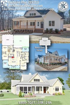 two story house plans with 3 car garages and an attached porch are shown in this ad