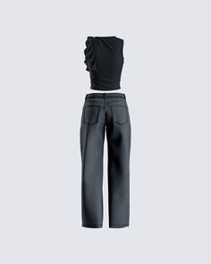 A casual, yet classy all black fit…name something better 🖤 With a black jersey cropped top, and grey denim wide leg jeans - this two-piece set will immediately make it known that your one chic b*tch 💅 Chic Black Crop Top For Streetwear, Chic Black Cropped Jeans, Chic Denim Crop Top For Night Out, Black Denim Corset, Washed Black Rigid Denim Bottoms With Pockets, Black Washed Rigid Denim Bottoms, Luxury Black Denim Pants, Washed Black Mid-rise Rigid Denim Bottoms, Grey Denim