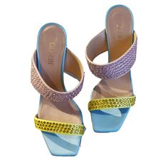 Gedebe Rhinestones Multi Colored Heel Sandals. Multi Colored Heels, Women Skates, Rocket Dog Shoes, Pointy Toe Shoes, Work Sneakers, Colorful Heels, Leather Gladiator Sandals, Sorel Boots, Lace Up Booties