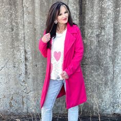 Fashion Week Hot Pink Coat Keeping warm while looking adorable and trendy. This jacket is a gem featuring warm material, long sleeve, a foldable collar, with gold buttons. A relaxed silhouette and front pockets. Fabric 100% polyester Sm 2-4 Medium 6-8 Large 10-12 xlg 14-16 2x -18 Hot Pink Coat, Pink Coat, Coat Fashion, Gold Buttons, Cozy Sweaters, Keep Warm, What To Wear, Dress Shop, Hot Pink