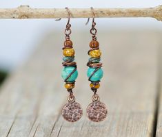 Boho Copper Turquoise Earrings, Colorful Stacked Bead Dangle Earrings, Bohemian Earrings - Etsy Simple Necklace Everyday, Purple Dangle Earrings, Flower Choker Necklace, Petite Earrings, Bead Dangle Earrings, Unique Handmade Earrings, Casual Earrings, Earrings Colorful, Owl Earrings