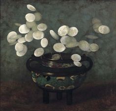 a painting of white flowers in a black vase