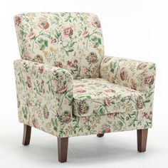 an upholstered chair with floral fabric and wooden legs, on a white background