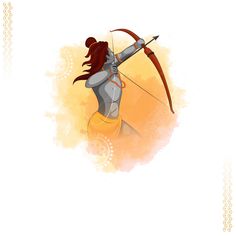 a woman with a bow and arrow in her hand, on an orange watercolor background