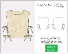 the front and back of a sewing pattern for a sleeveless top with bow ties