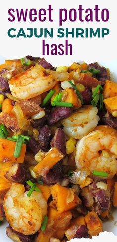 this sweet potato cajun shrimp hash has been served with green onions and carrots