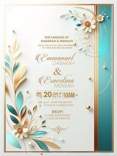 an elegant wedding card with gold and white flowers on the front, and blue background