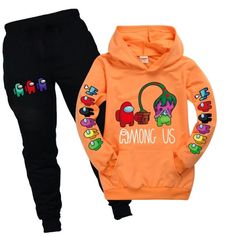 Hoodie &amp; Pants For Kids Playful Cartoon Print Sets For Fall, Casual Playtime Sets With Character Print, Casual Hoodie With Cartoon Print For Playtime, Casual Graphic Print Playtime Sets, Casual Orange Playtime Sets, Playful Crew Neck Winter Sets, Playful Winter Sets With Crew Neck, Casual Letter Print Sets For Playtime, Winter Cotton Sets With Character Print