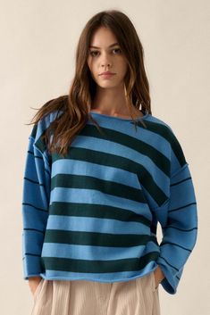 Striped knit sweater. Round neckline. Long sleeves. Drop shoulder. Rolled neckline, hem, and cuffs. Exposed seams. Loose fit. 50% Viscose, 28% Polyester, 22% Nylon. Imported. Designed in LA. Model wears size S. Spring Boat Neck Knit Top, Spring Knit Boat Neck Top, Winter Knit Tops With Boat Neck, Winter Knit Top With Boat Neck, Relaxed Fit Boat Neck Tops For Fall, Striped Knit Sweater, Baby & Toddler Clothing, Striped Sweater, Striped Knit