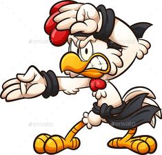 a cartoon chicken with an angry look on it's face and arms, running