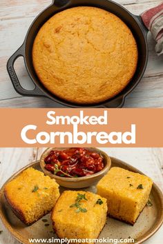 cornbread in a cast iron skillet and topped with cranberry sauce