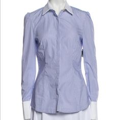 100% Cotton Spring Workwear Shirt With Cuff, Office Tops With Button Closure And Cuff, Blue Office Tops With Cuffed Sleeves, Blue Cuffed Sleeves Top For Office, Blue Tops With Cuffed Sleeves For Office, Fitted Shirt With Cuffed Sleeves For Office, Chic Blue Business Tops, Chic Blue Business Shirt, Fitted Office Shirt With Cuff