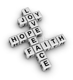 a cross made up of words that say joy, hope, faith and peace on white background