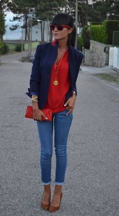 Rojo Blazer Bleu, Looks Street Style, Red Shirt, Red Top, Jean Slim, Look Casual, Fashion Mode, Red Blouses