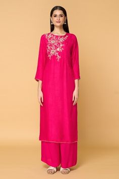 Rani pink straight kurta featuring floral motif in zardosi, salma and resham work with loop detailing on the side. Paired with a solid straight flared pant and a golden hem dupatta. - Aza Fashions Pink Straight Kurta With Intricate Embroidery, Pink Traditional Wear With Intricate Embroidery For Spring, Spring Pink Traditional Wear With Intricate Embroidery, Pink Kurta With Intricate Embroidery For Festivals, Pink Traditional Wear With Resham Embroidery For Spring, Diwali Pink Kurta With Intricate Embroidery, Spring Pink Traditional Wear With Zari Work, Spring Pink Traditional Wear With Resham Embroidery, Pink Slub Silk Palazzo Set With Resham Embroidery