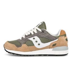 Brand New Size - 7.5 Color- Tan/Green/White Brown Sneakers With Vented Sides For Streetwear, Brown Sneakers For Streetwear With Vented Sides, Khaki Low-top Sneakers With Cushioned Footbed, Khaki Leather Sneakers With Cushioned Footbed, Sporty Khaki Sneakers With Cushioned Footbed, Saucony Shadow, Saucony Shoes, Shoes Color, New Man