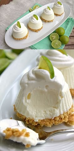 there are several desserts on the plates and one has lime wedges in it