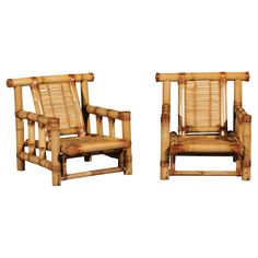 two chairs made out of wood and bamboo