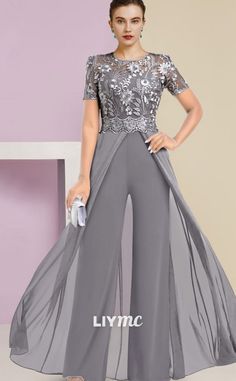 Elegant Full-length Party Sets, Elegant Full Length Party Sets, Elegant Fitted Sets For Banquets, Formal Fitted Lace Sets, Elegant Fitted Short Sleeve Set, Fitted Evening Sets With Short Sleeves, Elegant Full-length Mother Of The Bride Dress, Elegant Short Sleeve Lace Mother Of The Bride Dress, Elegant Pants Suits Wedding